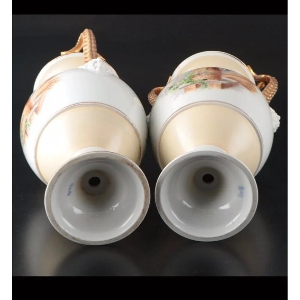 Bing & Grondahl B&G Pair Porcelain Urn Vases Hand Painted Floral Gold Gilt